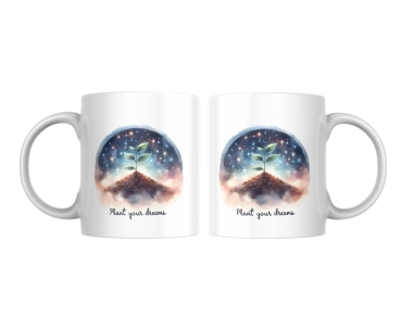 Set von zwei Keramiktassen mit der inspirierenden Illustration einer jungen Pflanze unter einem leuchtenden Sternenhimmel und dem Text 'Plant your dreams'. Symbolisiert Hoffnung und Wachstum.